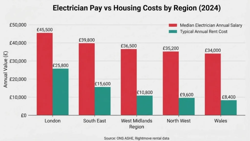 Bar chart comparing electrician pay and average rent across UK regions in 2024, showing higher salaries in London but much higher housing costs than other regions.