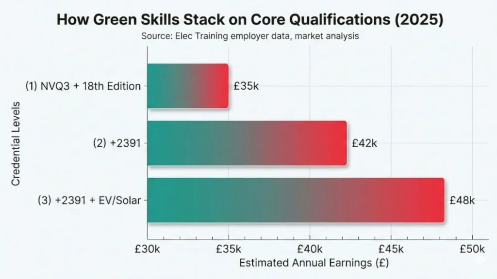 Bar chart showing electrician earnings rising from £35k with NVQ3 and 18th Edition to £48k when adding 2391 and EVsolar green skills.