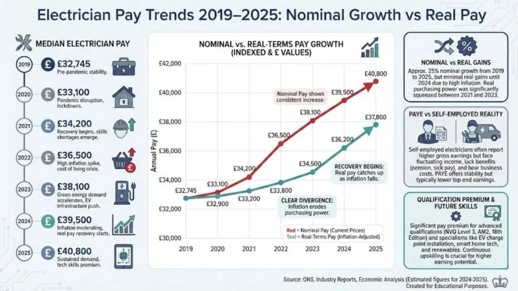 Infographic showing UK electrician pay trends from 2019–2025, comparing nominal wage growth with real (inflation-adjusted) pay and highlighting periods of inflation squeeze and recovery.Infographic showing UK electrician pay trends from 2019–2025, comparing nominal wage growth with real (inflation-adjusted) pay and highlighting periods of inflation squeeze and recovery.