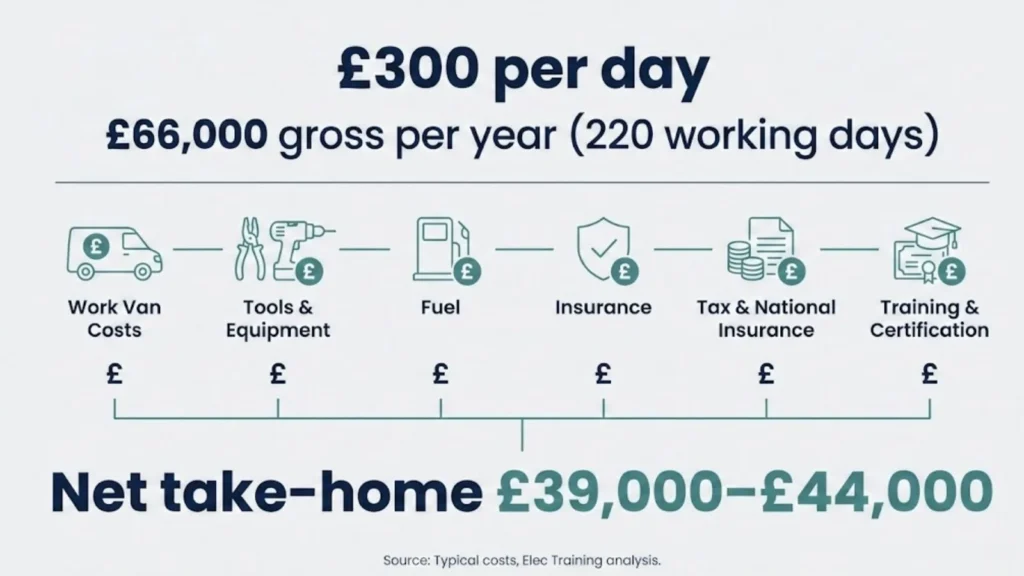 Infographic showing a self-employed electrician earning £300 per day (£66,000 gross per year) with costs and taxes reducing take-home pay to £39,000–£44,000.