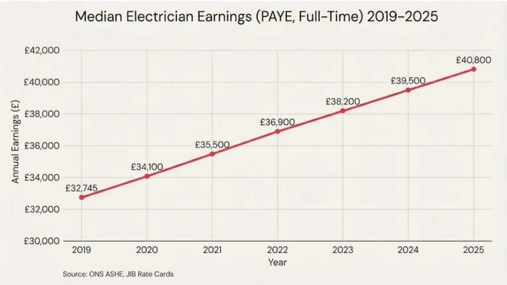 Line chart showing median full-time PAYE electrician earnings in the UK rising steadily from £32,745 in 2019 to £40,800 in 2025, with incremental annual increases each year.