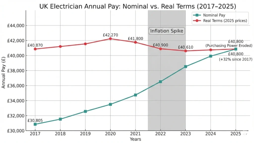 Chart comparing UK electrician nominal pay and inflation-adjusted real pay from 2017 to 2025