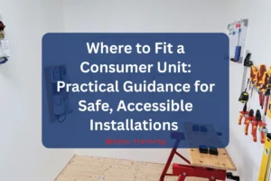 Domestic electrical training bay with mounted wiring setup, tools on the wall, and a workbench in the corner