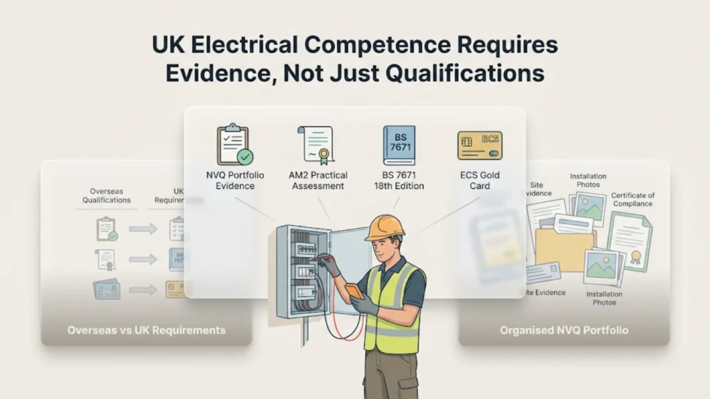 Illustrated UK electrician working onsite with icons showing NVQ evidence AM2 assessment and Gold Card requirements