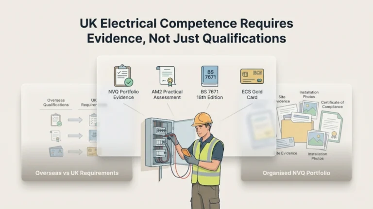 Illustrated UK electrician working onsite with icons showing NVQ evidence AM2 assessment and Gold Card requirements