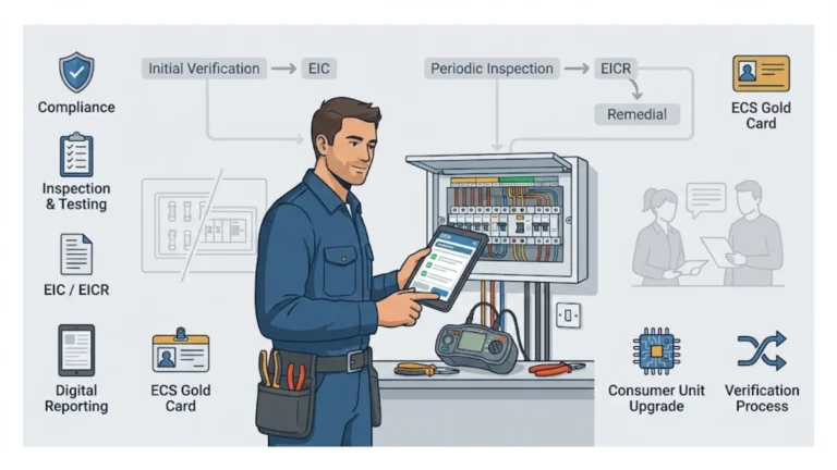 Illustrated electrician onsite with compliance icons showing verification, EICR, digital reporting, and ECS pathway