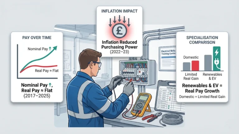 Illustrated electrician working onsite with infographic panels showing pay trends, inflation impact, and specialisation differences