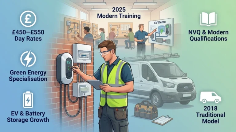 Illustrated featured image showing a modern UK electrician working onsite with shadow elements representing 2018 traditional work, green energy specialisation, and 2025 electrical training pathways
