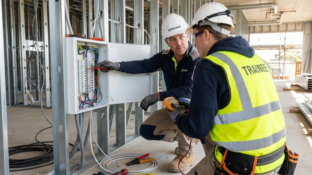 Electrical apprentice working under supervision of a qualified electrician on an active site