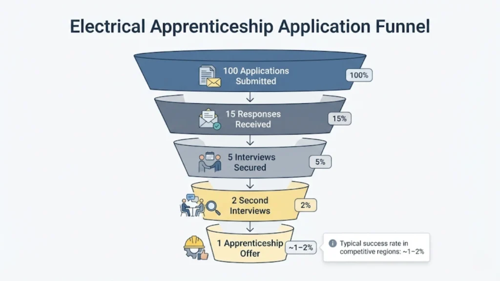 Electrical apprenticeship application funnel from 100 applications to 1 offer