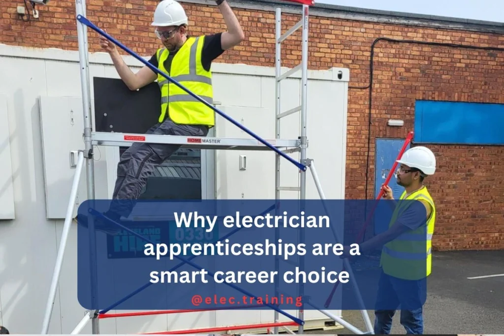 Electrician learners practicing wiring skills at a construction site