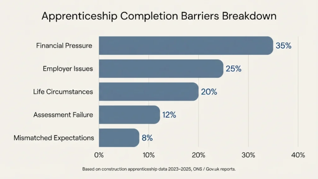 Horizontal bar chart showing apprenticeship dropout reasons, led by financial pressure at 35 percent