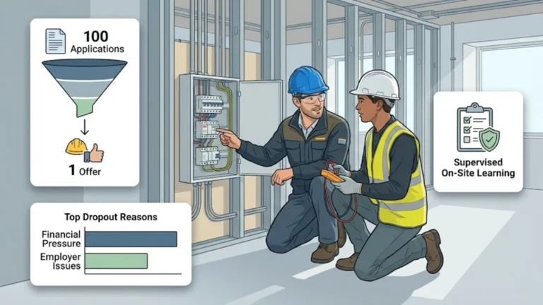 Illustration of electrician supervising an apprentice with apprenticeship funnel and dropout icons