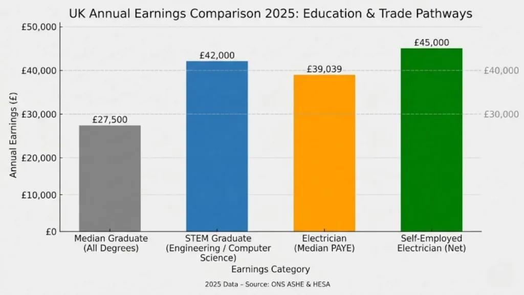 Bar chart comparing UK annual earnings in 2025 for graduates, STEM graduates, electricians, and self-employed electricians.
