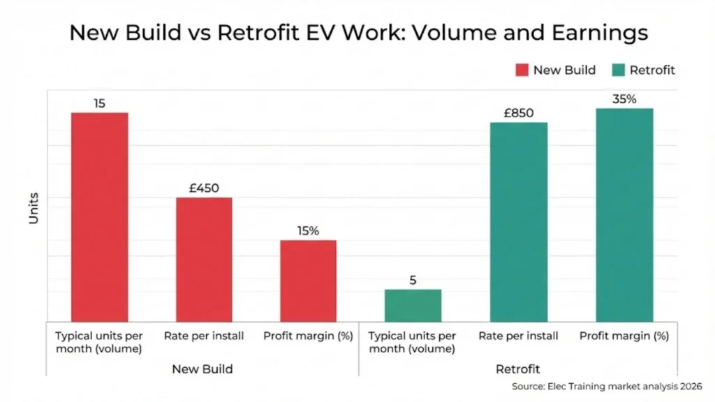 Bar chart comparing new build and retrofit EV installation work, showing higher volume but lower margins for new builds, and lower volume but higher rates and margins for retrofits.