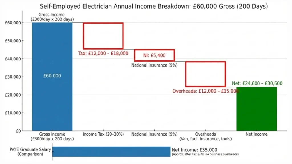 Bar chart showing a self-employed electrician’s £60,000 gross income broken down into tax, National Insurance, overheads, and net income.