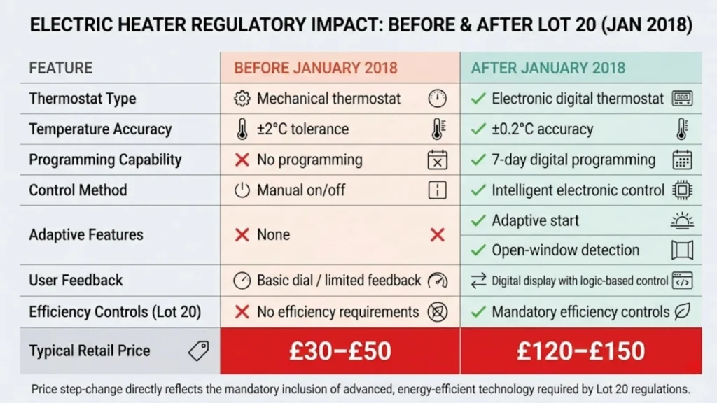 Comparison of electric heater features before and after Lot 20 regulations.