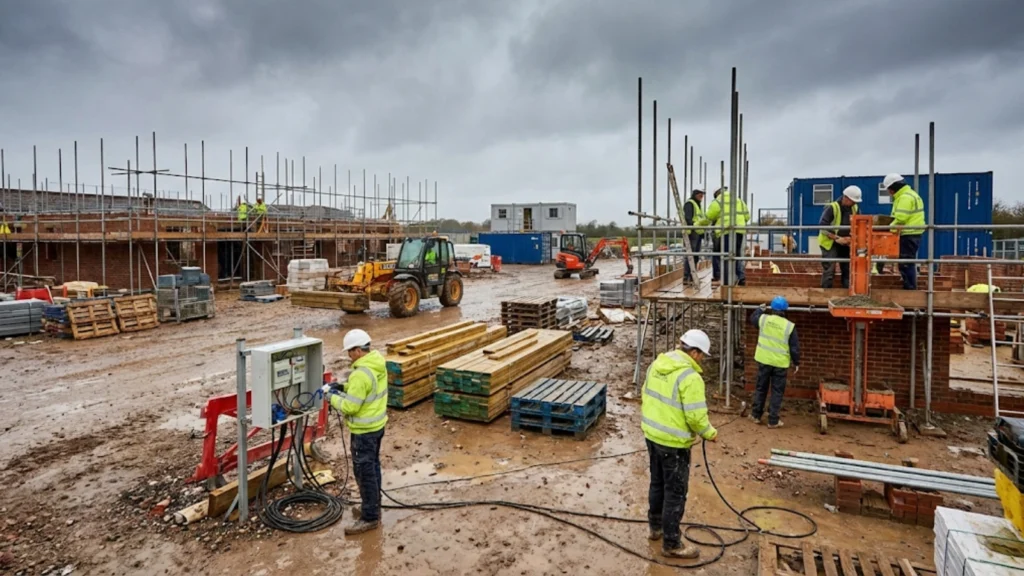 Construction site showing complex multi-trade working environment with weather exposure