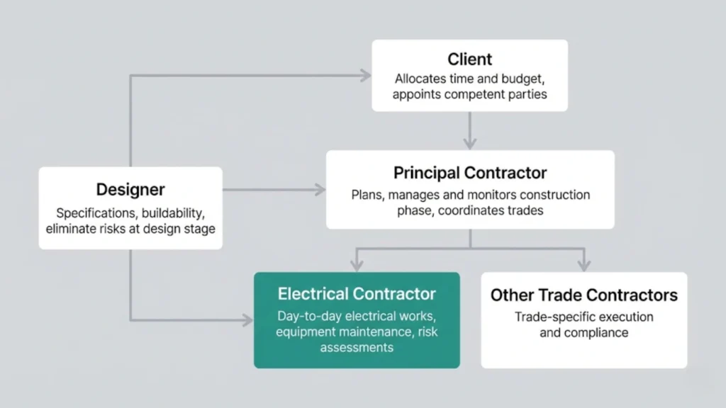 Diagram showing CDM 2015 duty holder responsibilities for electrical safety on construction sites