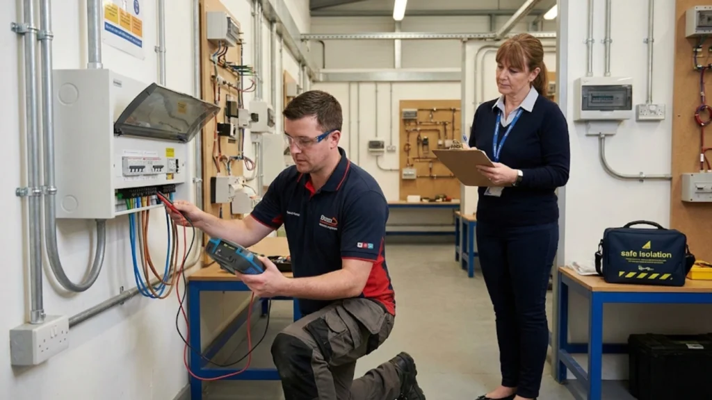 Electrician performing testing demonstrating practical competence assessment requirements