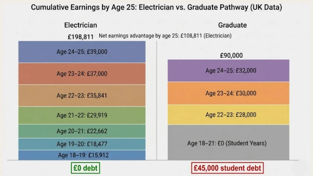 Line chart comparing UK median annual earnings of electricians and university graduates from 2015 to 2025.