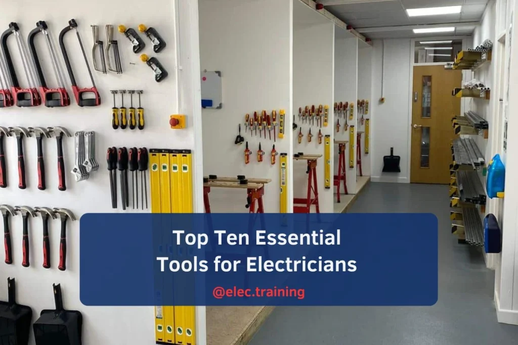 Essentials Electrician tools hanging on wall in Elec Training Practical room
