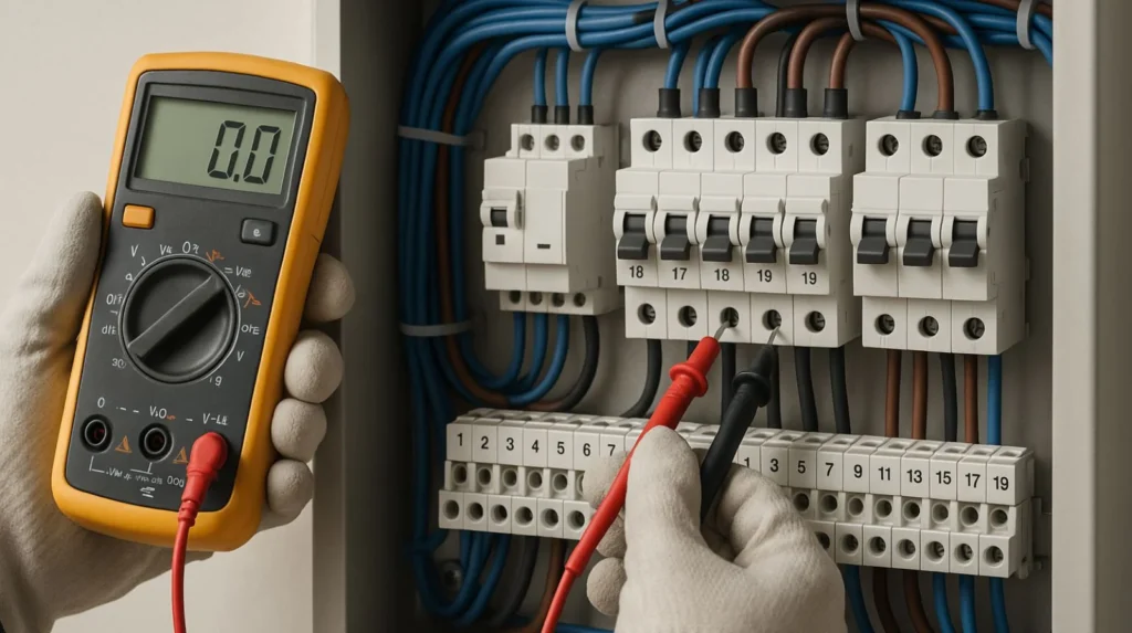 Gloved hands testing circuits in a labelled electrical panel.