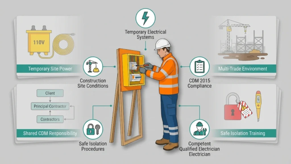 Illustrated construction electrical safety overview showing temporary power, CDM responsibility, isolation training, and qualified electrician onsite