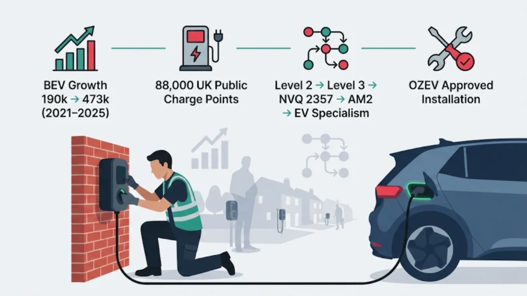 Illustrated electrician installing EV charger with icons showing UK BEV growth, charge point expansion, and qualification pathway
