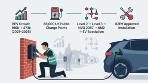 Illustrated electrician installing EV charger with icons showing UK BEV growth, charge point expansion, and qualification pathway