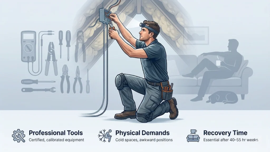 Illustrated featured image of electrician working onsite with shadow overlays of professional tools and home relaxation, plus icons explaining physical demands, tool investment, and recovery time