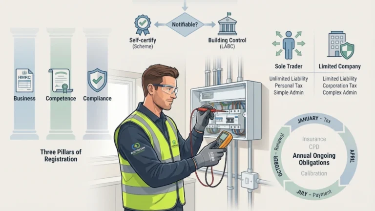 Illustrated featured image showing an electrician working onsite with background icons representing business registration, technical competence, Part P compliance, and annual obligations