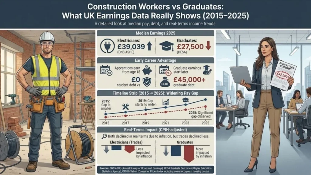 Infographic comparing UK construction workers and graduates, showing earnings, debt, and pay trends from 2015–2025.