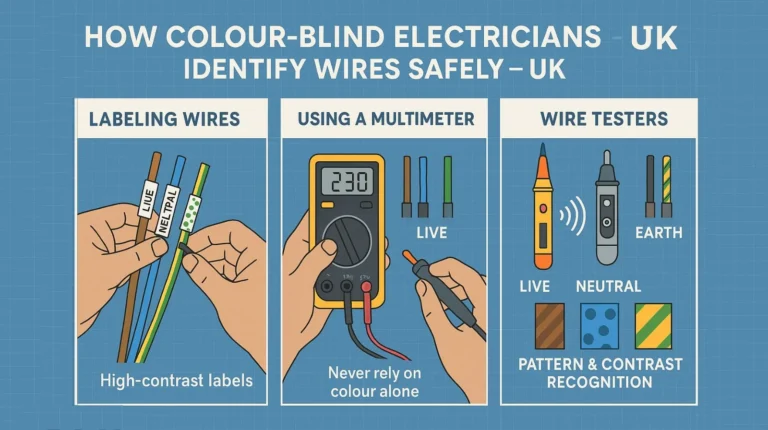 Infographic showing four methods colour-blind electricians use to identify UK wires labeling, multimeter testing, wire testers, and high-contrast patterns.