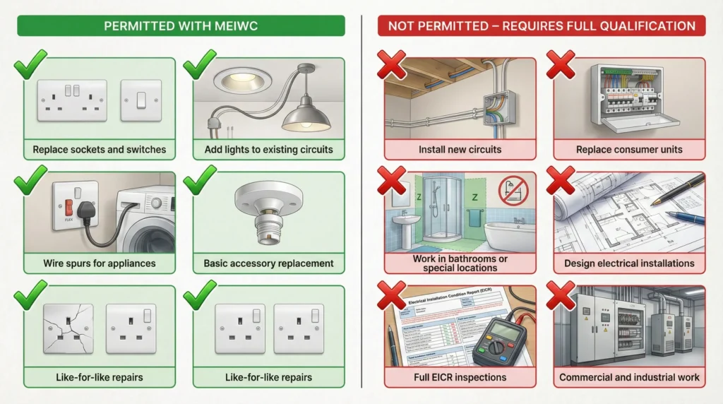 MEIWC scope diagram showing permitted electrical tasks versus prohibited work requiring full qualification