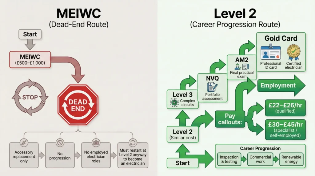 MEIWC versus Level 2 career pathway flowchart showing dead-end route compared with full electrician progression