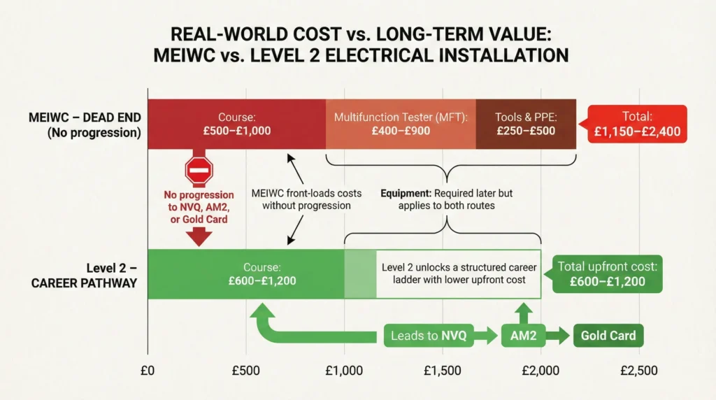 MEIWC vs Level 2 cost comparison showing dead-end costs versus career pathway