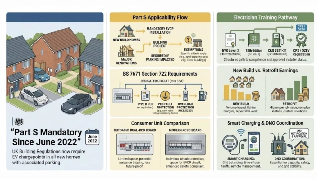 Multi-panel infographic explaining UK EV charging rules, including Part S requirements, BS 7671 Section 722, consumer unit upgrades, electrician training pathway, and new build versus retrofit earnings.