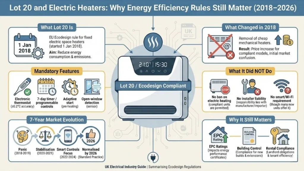 Overview of Lot 20 electric heater rules, features, and impacts from 2018 to 2026.