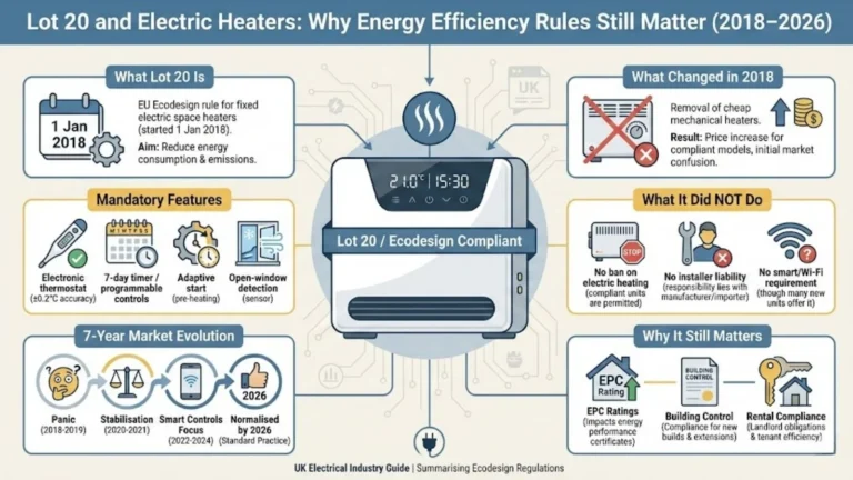 Overview of Lot 20 electric heater rules, features, and impacts from 2018 to 2026.
