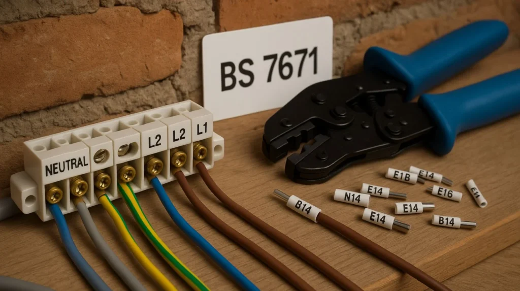 Properly labelled electrical installation showing BS 7671 compliant conductor identification without relying on colour alone