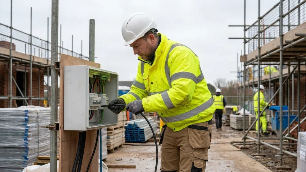 Qualified electrician in full PPE working professionally on UK construction site