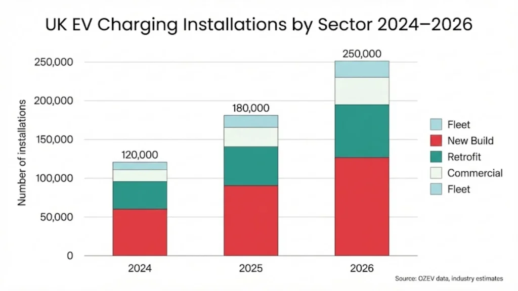 Stacked bar chart showing UK EV charging installations rising from about 120,000 in 2024 to 250,000 in 2026, broken down by new build, retrofit, commercial, and fleet sectors.