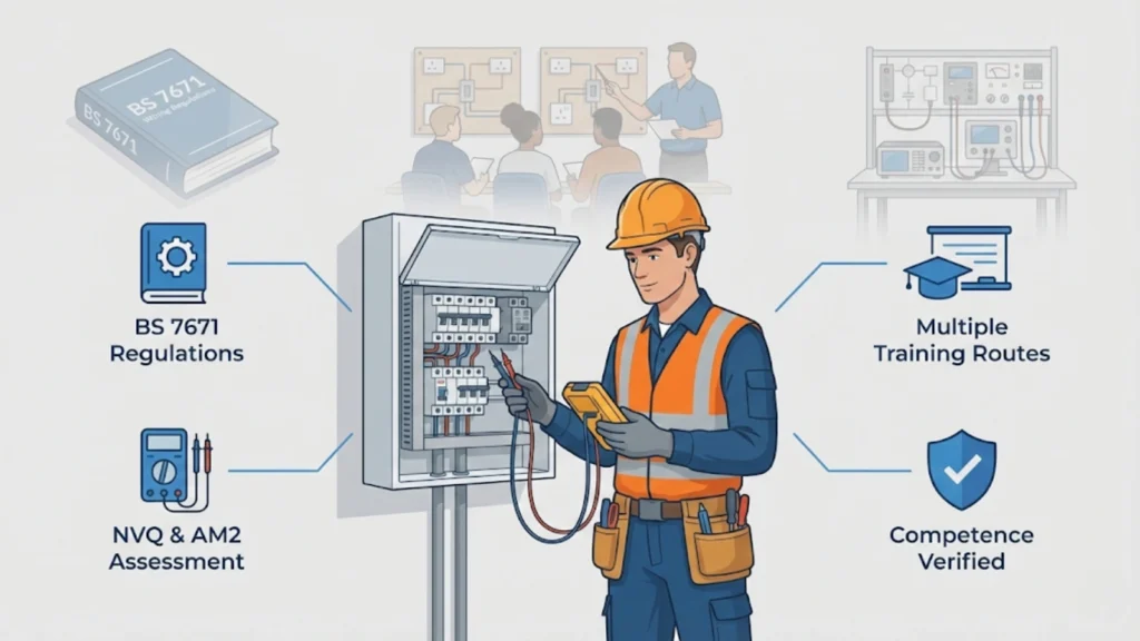 UK electrician working onsite with illustrated icons representing BS 7671 regulations, training pathways and competence assessment