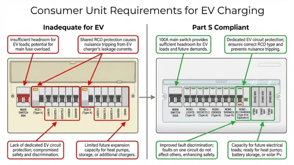 diagram comparing an EV-inadequate consumer unit with a Part S –compliant unit, highlighting dedicated EV protection, higher capacity, and improved safety.