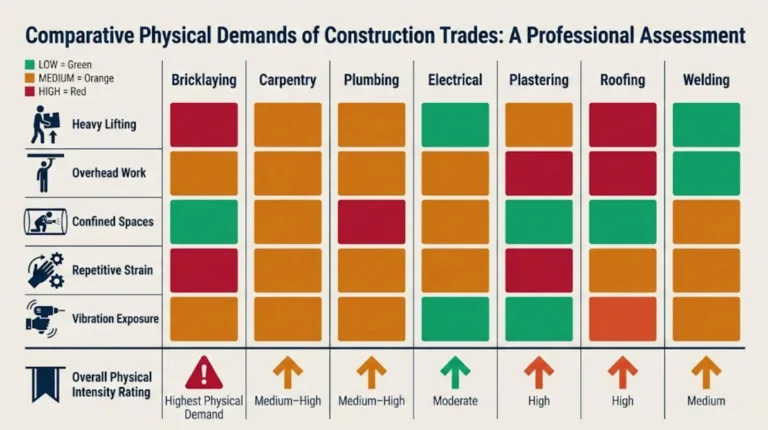 Comparison chart showing physical demands across construction trades, rating factors like heavy lifting, overhead work, confined spaces, repetitive strain, and vibration exposure from low to high.