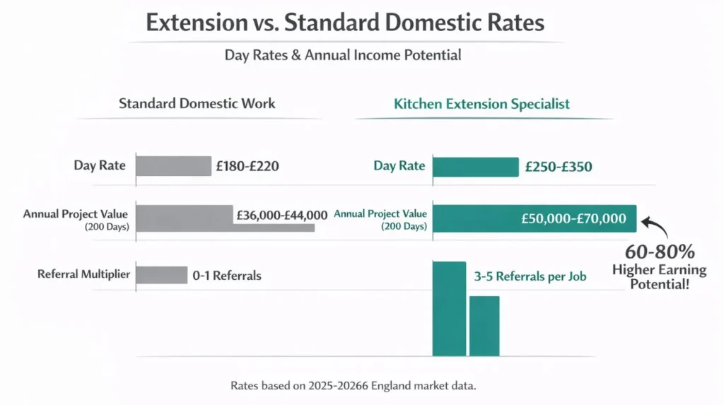 Comparison chart showing standard domestic electrical work versus kitchen extension specialist rates, including day rates, annual income potential, and referral volume.
