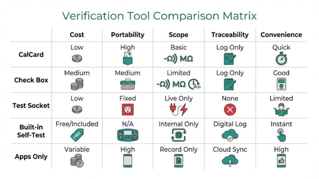 Comparison matrix showing CalCard and alternative electrical verification tools across cost, portability, scope, traceability, and convenience