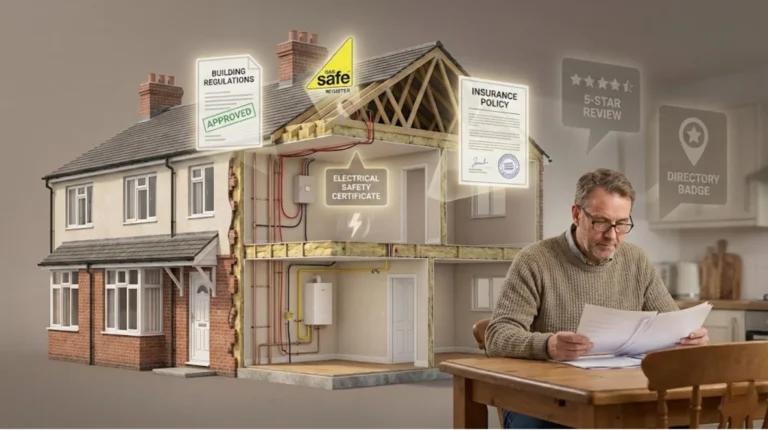Cutaway UK house with visible services and compliance documents, while a homeowner reviews paperwork.