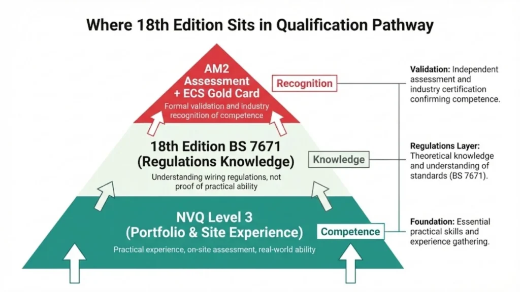 Diagram showing where the 18th Edition fits within the electrician qualification pathway.